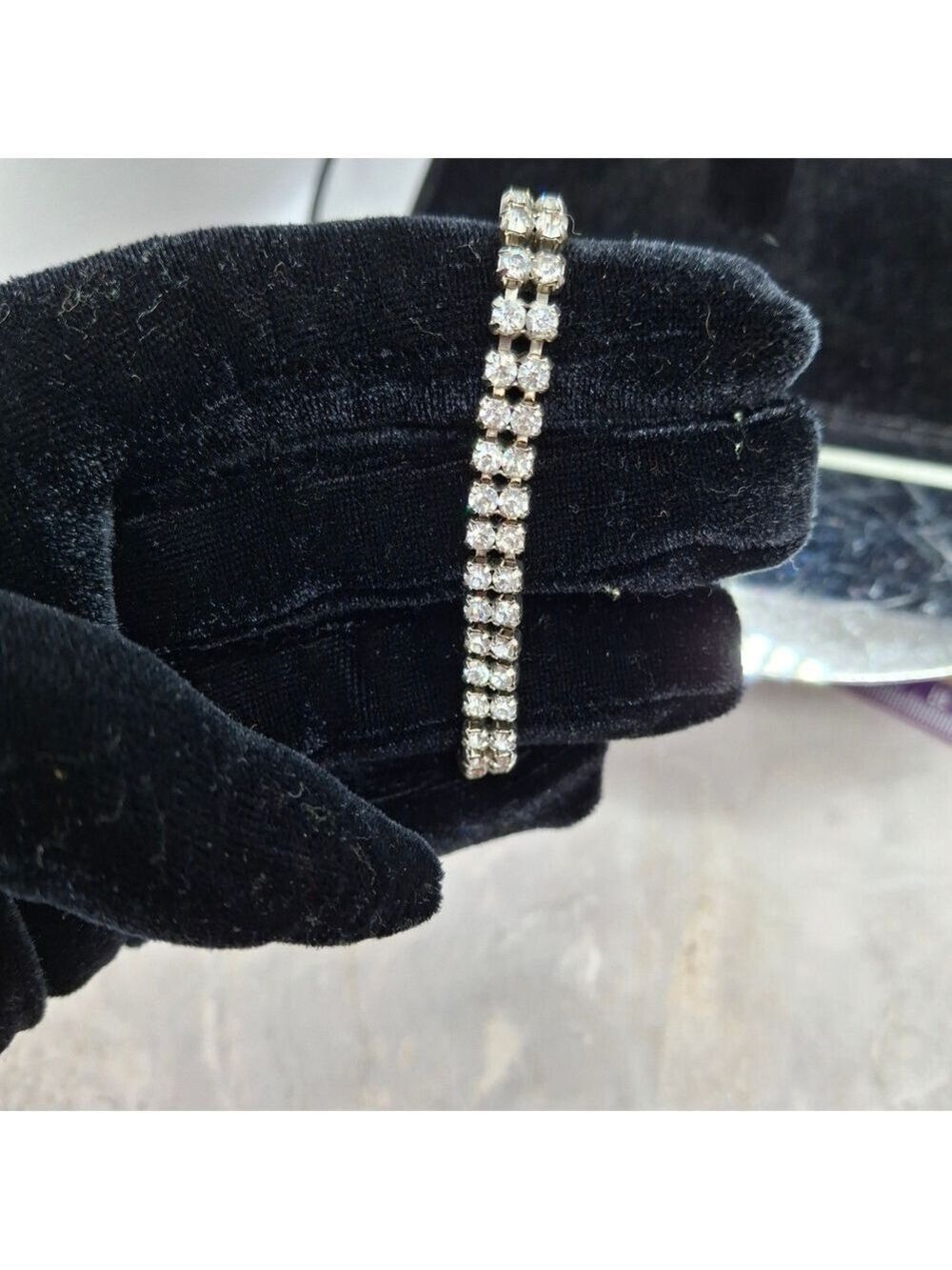 B. David Elegant Silver 2 Row Bracelet with Clear Stones With Safety Chain